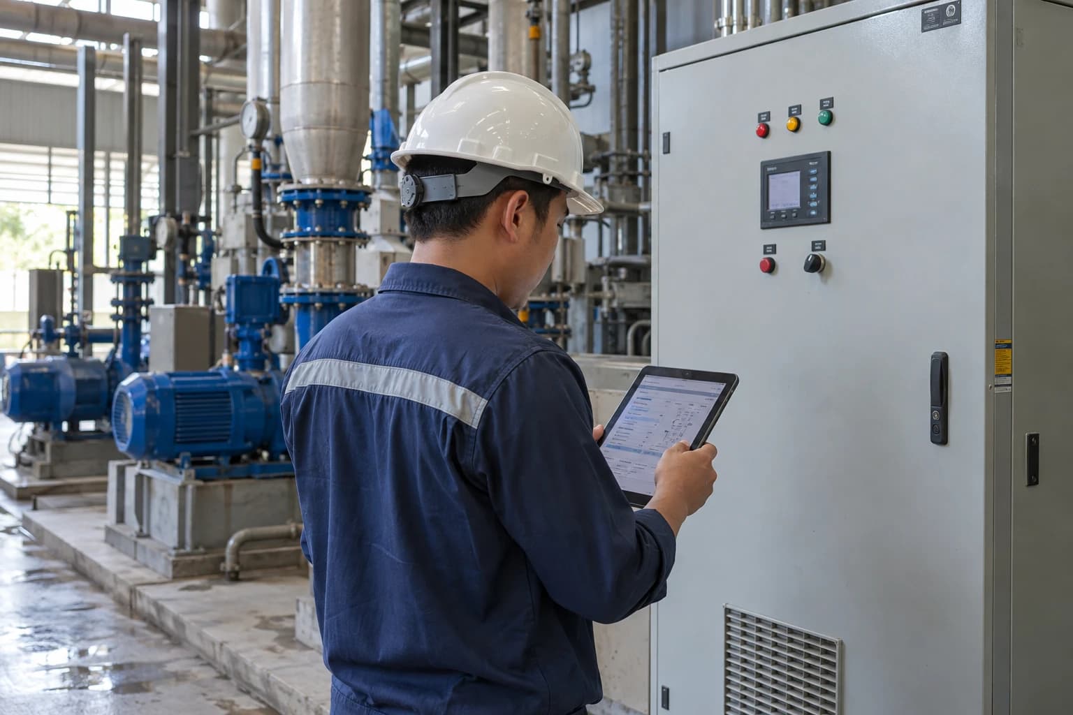 kỹ thuật viên kiểm tra thiết bị tại nhà máy